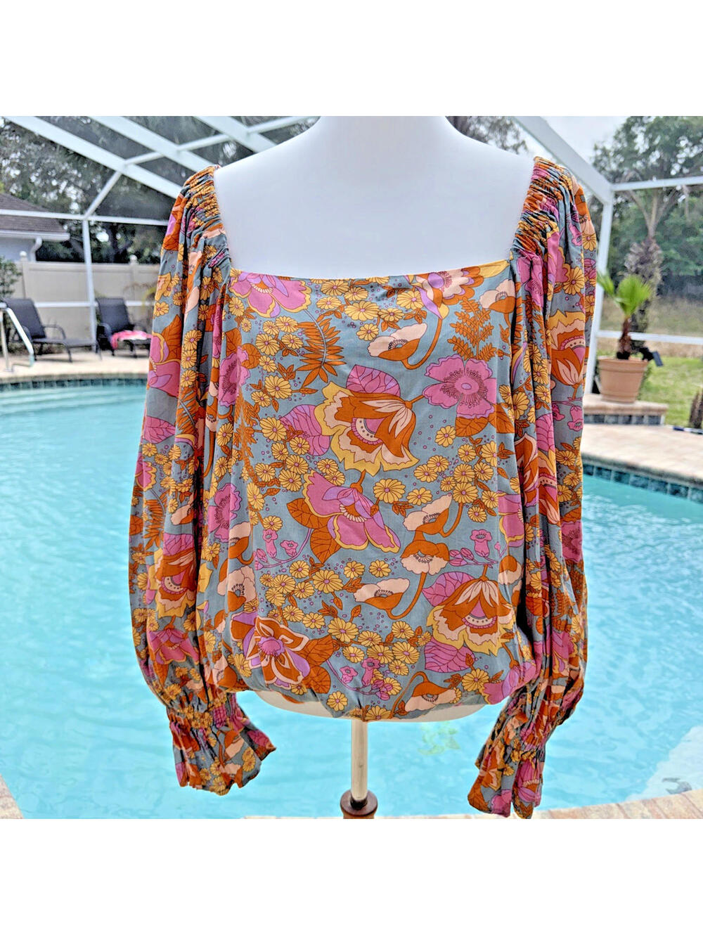 Easel Retro Hippie Floral Long Sleeve Boho Peasant Square Neck Blouse Top  2X